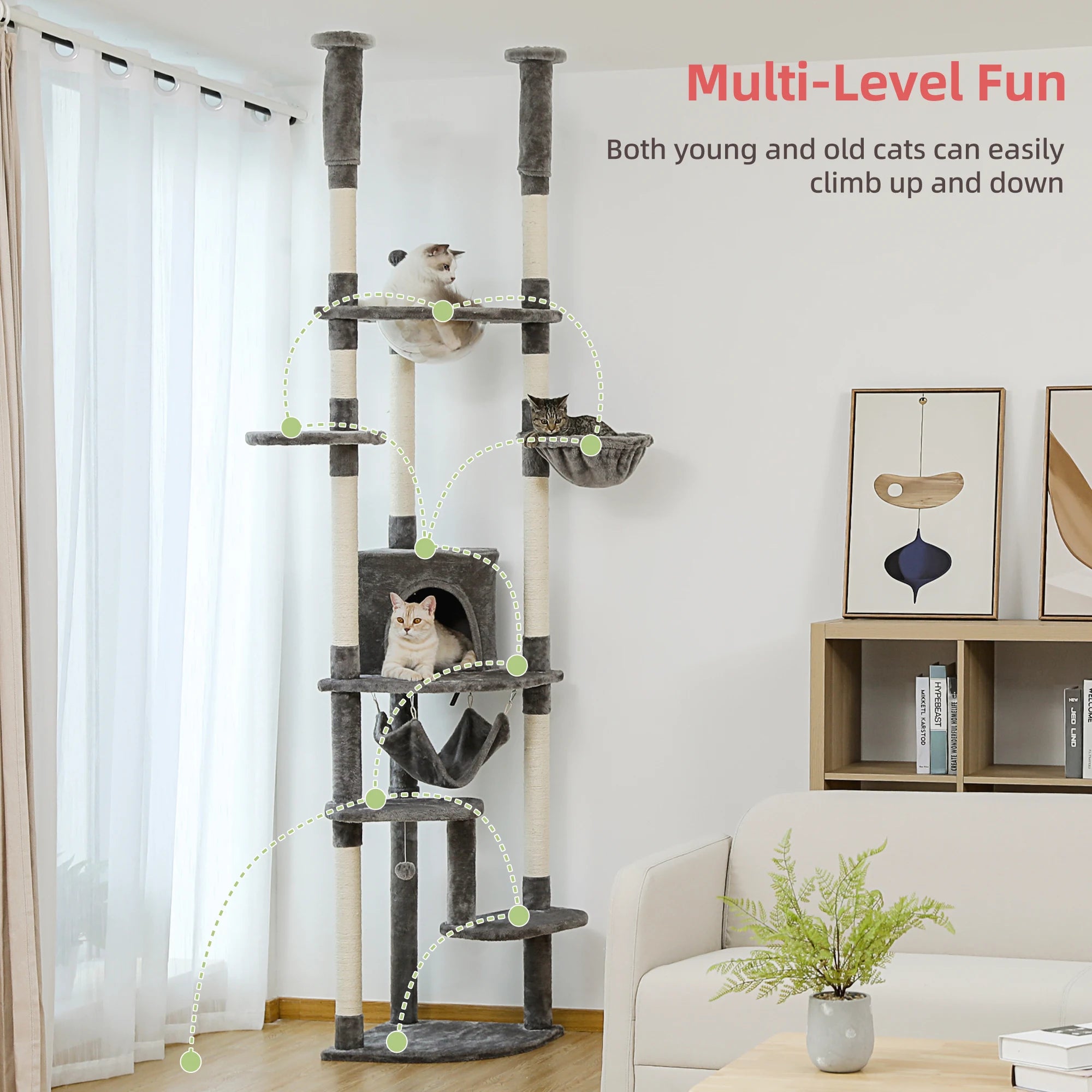 Adjustable tall cat scratching post 236-258cm, multi-level cat tower with hammock, condo, cozy kitten furniture, pet cat tree with toys